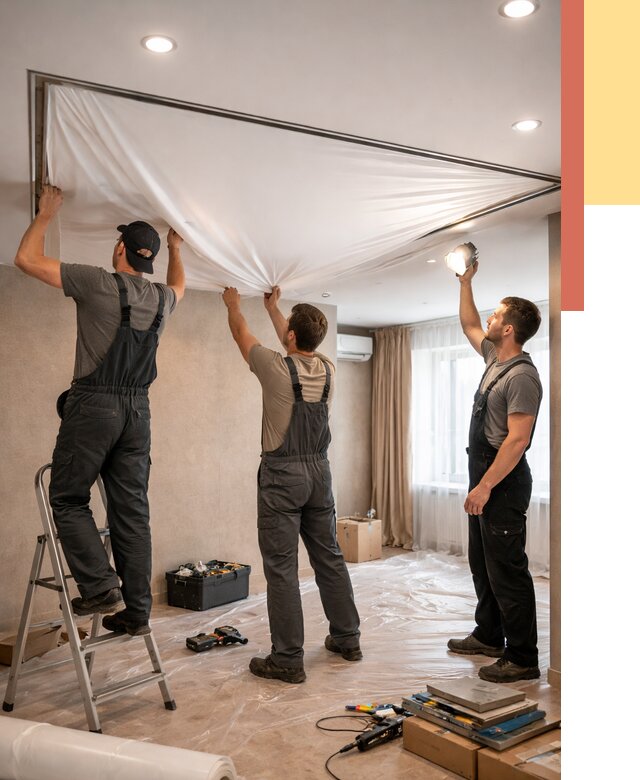 Монтаж ПВХ натяжного потолка в Новоуральске от 3573 руб. под ключ | ОТДЕЛОЧНИК-Нву