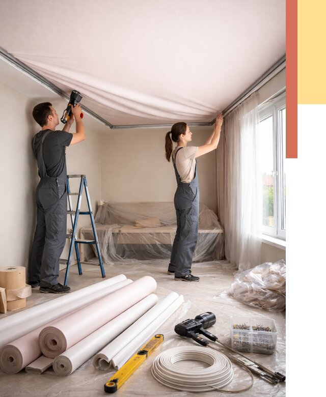 Монтаж цветного натяжного потолка в Новоуральске от 4287 руб/м² — быстро и недорого | ОТДЕЛОЧНИК-Нву