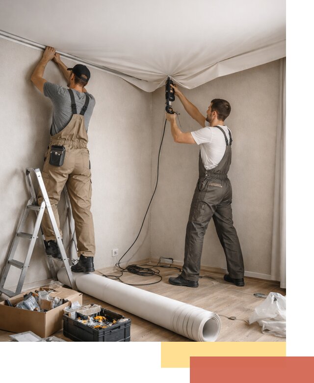 Монтаж цветного натяжного потолка в Новоуральске за один день