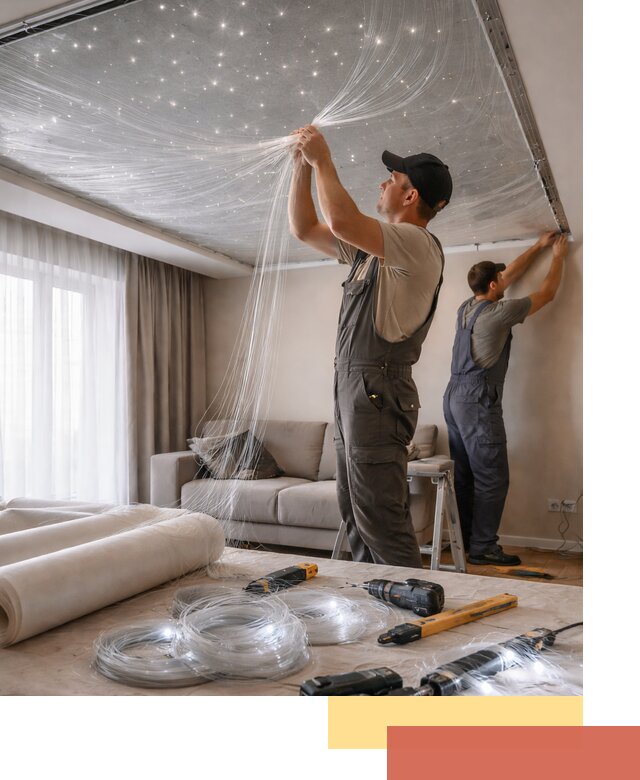 Монтаж натяжного потолка «Звездное небо» в Новоуральске