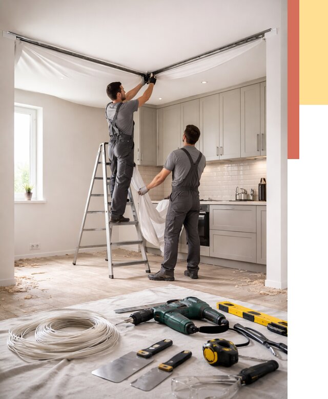 Установка натяжного потолка на кухне в Новоуральске от 2450 руб. | ОТДЕЛОЧНИК-Нву