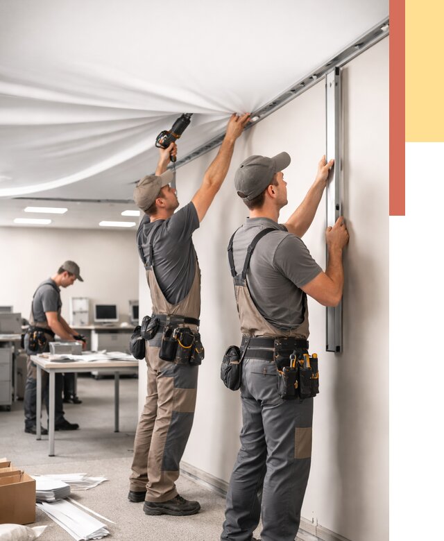 Монтаж натяжного потолка в офисе в Новоуральске от 459 руб/м² — быстро и недорого | ОТДЕЛОЧНИК-Нву