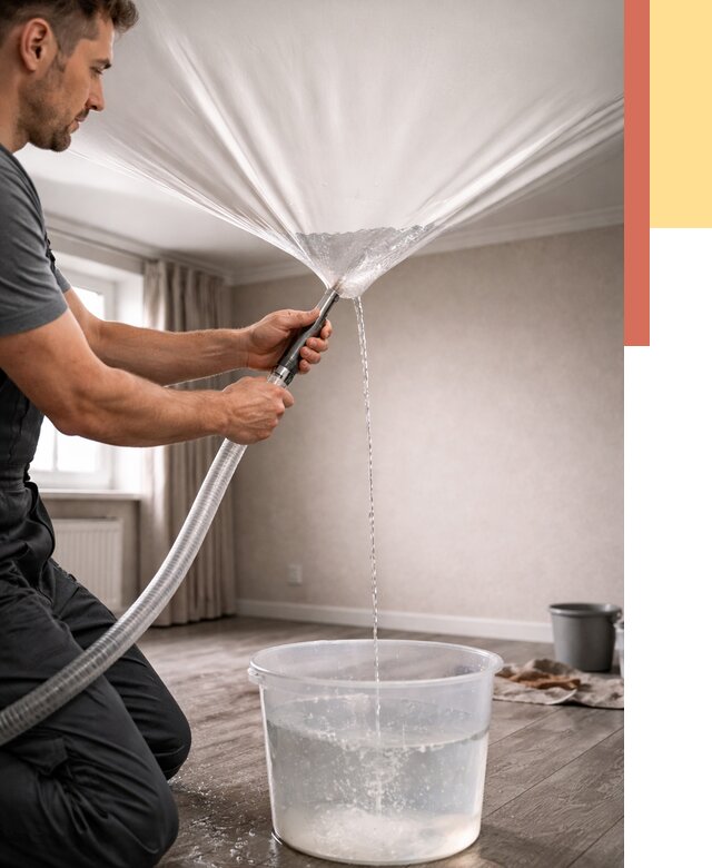 Слив воды с натяжного потолка в Новоуральске от 2552 руб. быстро и недорого | ОТДЕЛОЧНИК-Нву