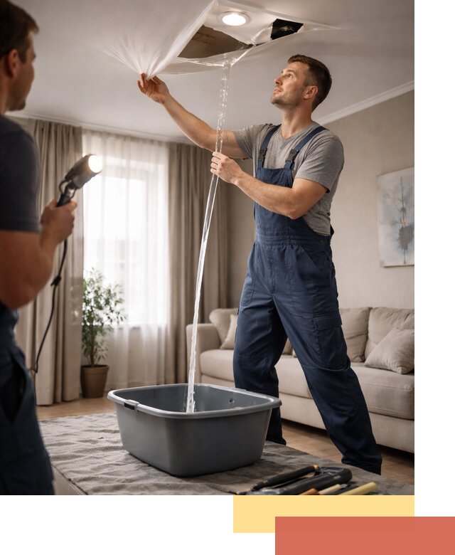 Слив воды с натяжного потолка в Новоуральске быстро и аккуратно