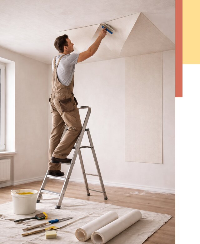 Поклейка обоев на потолок в Новоуральске от 4594 руб. быстро и недорого | ОТДЕЛОЧНИК-Нву